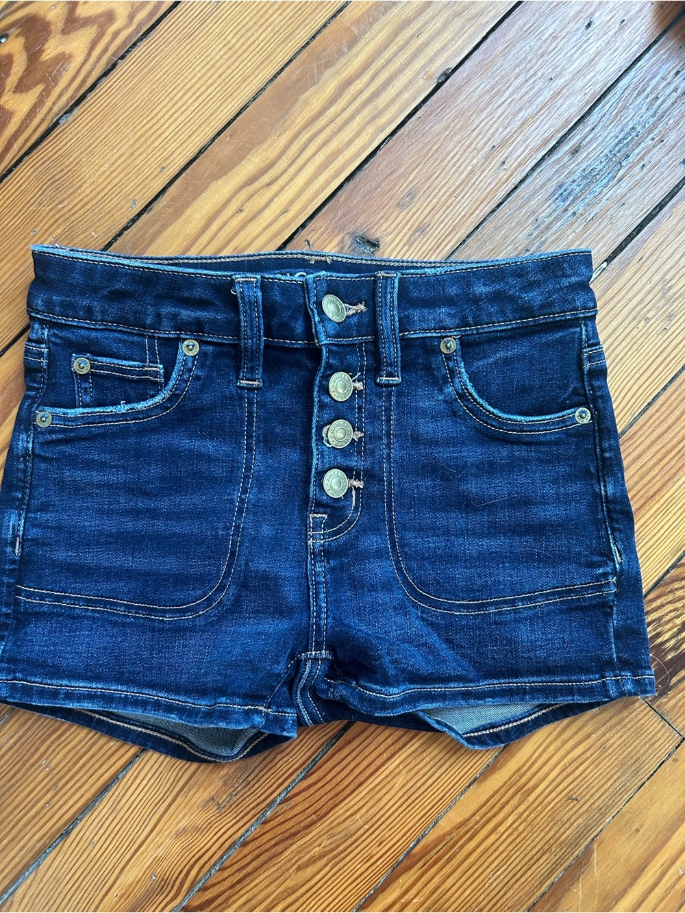 High-Rise Dark Wash Denim Button-Fly Shorts